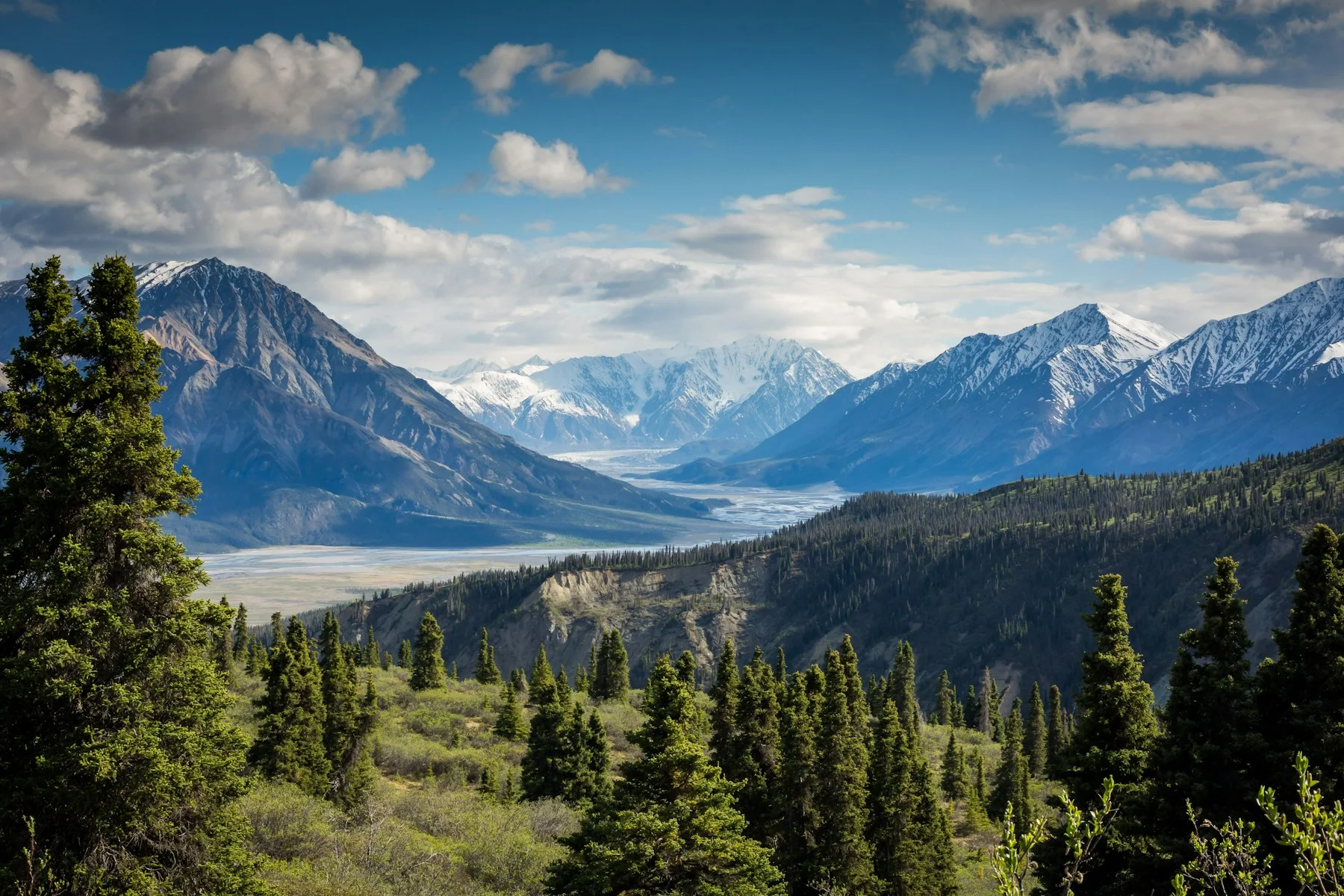 A broad mountain range rising above a forested valley